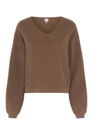 Brun strikket sweater med V-hals, lange ballonærmer og ribbet manchetter og kant, vist på en hvid baggrund.