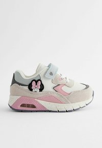 Białe i różowe buty sportowe z zamszu i gumy, o zaokrąglonym kształcie, z rzepem i akcentem w postaci postaci Minnie Mouse.