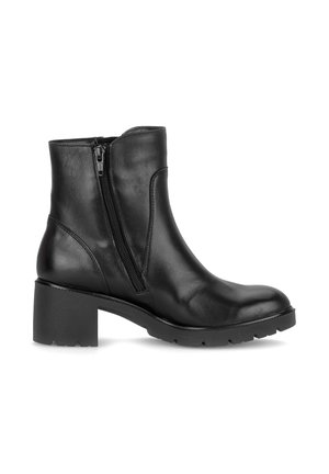 Bottine en cuir noir avec fermeture éclair latérale, talon bloc et bout arrondi, conçue pour un usage décontracté ou formel.
