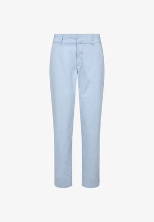 Lichtblauwe katoenen broek in een blended stof met een rechte snit, voorzakken en een klassieke tailleband. Zachte textuur met gestikte details.