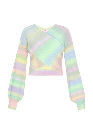 Jersey corto multicolor con mangas largas y abullonadas. Hecho de un material suave, presenta rayas en tonos pastel de verde, rosa y azul.