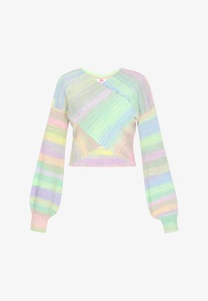 Multicolored cropped sweater with long, puffed sleeves. Made of soft material, featuring pastel stripes in green, pink, and blue tones.