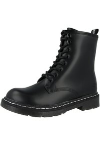 Botte de combat noire en cuir avec lacets, semelle épaisse et couture blanche autour du bord de la semelle.