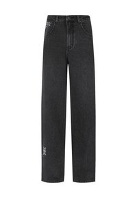 Black denim wide-leg jeans with a high waist, feature two front pockets and embroidered detailing on the left side.