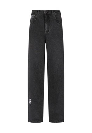 Jeans a gamba larga in denim nero con vita alta, dotati di due tasche frontali e dettagli ricamati sul lato sinistro.