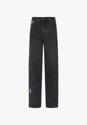 Zwarte denim wijde been jeans met een hoge taille, voorzien van twee voorkeurszakken en geborduurde details aan de linkerkant.