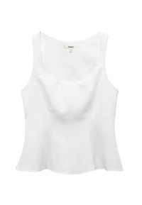 Witte mouwloze top met een aangesloten lijfje en een uitlopende zoom, gemaakt van gladde stof met een ronde halslijn en subtiele naaddetails.