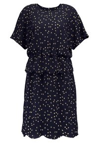 Robe marine avec un motif à pois dorés, manches courtes en forme de chauve-souris, taille froncée et ourlet à volants superposés. Tissu léger avec une texture lisse.