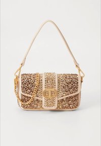 Smėlinė rankinė su auksine aparatūra, dekoruota vaivorykštiniais akutėliais. Turi plokščią rankeną ir dekoratyvią dirželį. Stačiakampio formos.