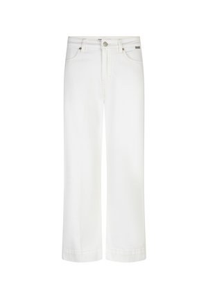 Højttaljede hvide jeans med brede ben, forlommer, bæltestropper, knaplukning og diskret mærkeetiket på højre lomme.