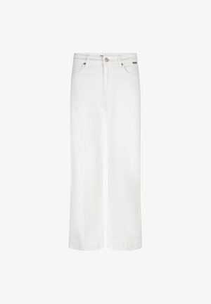 Højttaljede hvide jeans med brede ben, forlommer, bæltestropper, knaplukning og diskret mærkeetiket på højre lomme.