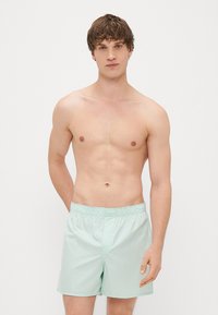 Pantaloni scurți de baie verde deschis, cu talie elastică, textură netedă și buzunare laterale, purtați de un model masculin cu păr scurt maro.