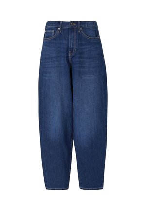 Donkerblauwe spijkerbroek met een losse pasvorm, hoge taille en cropped lengte. Voorzien van het klassieke ontwerp met vijf zakken en contrasterende stiknaden.