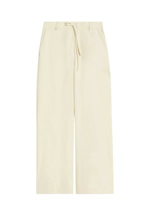 Pantaloni beige a gamba larga con passanti per cintura, tasche laterali e dettaglio in vita con coulisse.