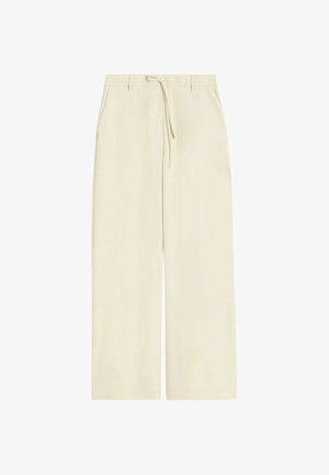 Pantaloni beige a gamba larga con passanti per cintura, tasche laterali e dettaglio in vita con coulisse.