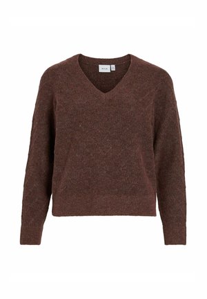 Bruine, getextureerde trui met een V-hals, lange mouwen en een cropped fit. Gemaakt van zachte, gebreide stof met ribgebreide accentranden.