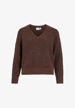 Pullover côtelé brun, texturé, avec un décolleté en V, des manches longues et une coupe courte. Fabriqué en matière douce et tricotée avec des accents de bord côtelé.
