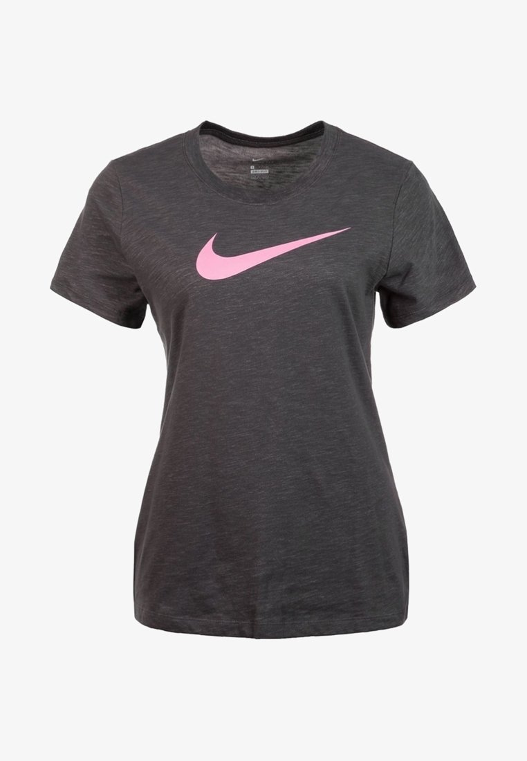 Mörkgrå bomull t-shirt med korta ärmar och rundad halsringning. Har en stor rosa Nike swoosh-logotyp över bröstet. Mjuk struktur.