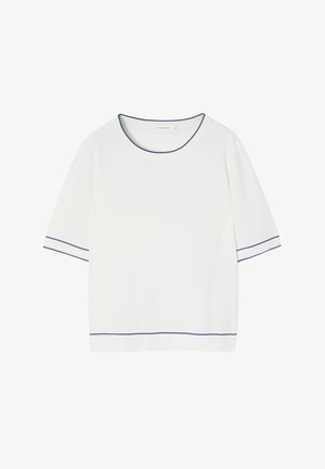 Valge lühikeste varrukatega särk ümmarguse kaelusega, millel on tumesinised õmblused kaeluse ja varrukate ääres. Sile tekstuur ja lõdva istuvusega.