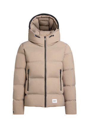 Beige Steppjacke mit Kapuze, mit einem Reißverschluss vorne, zwei seitlichen Taschen und schwarzen Akzenten. Glatte Textur mit gesteppten Abschnitten.