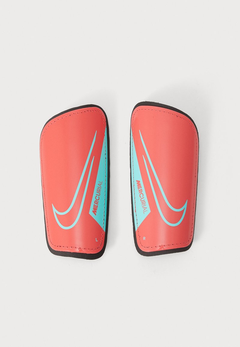 Red and black football shin guards featuring blue accents and "Mercurial" branding. Left and right design indicated. Smooth texture.