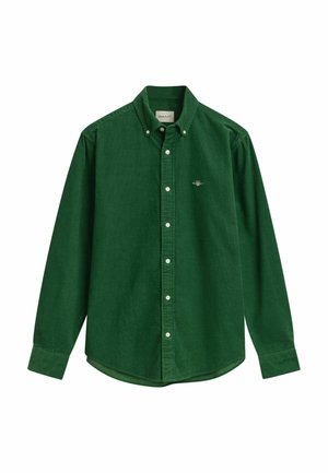 Dunkelgrühe Cord-Hemd mit langen Ärmeln, Knopfverschluss, Button-Down-Kragen und kleinem gestickten Logo auf der linken Brust.
