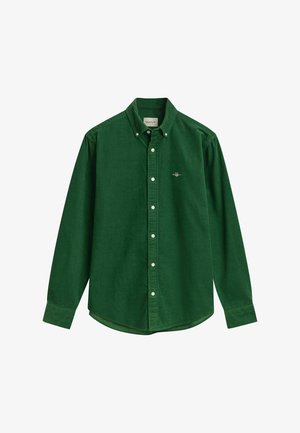 Dark green corduroy long-sleeve button-up shirt with a button-down collar and small embroidered logo on the left chest.