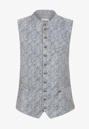 Hellblaues ärmelloses Top mit filigranem Paisley-Muster, silbernen Knöpfen und einer Brusttasche. Der Stoff hat ein glattes, strukturiertes Erscheinungsbild.