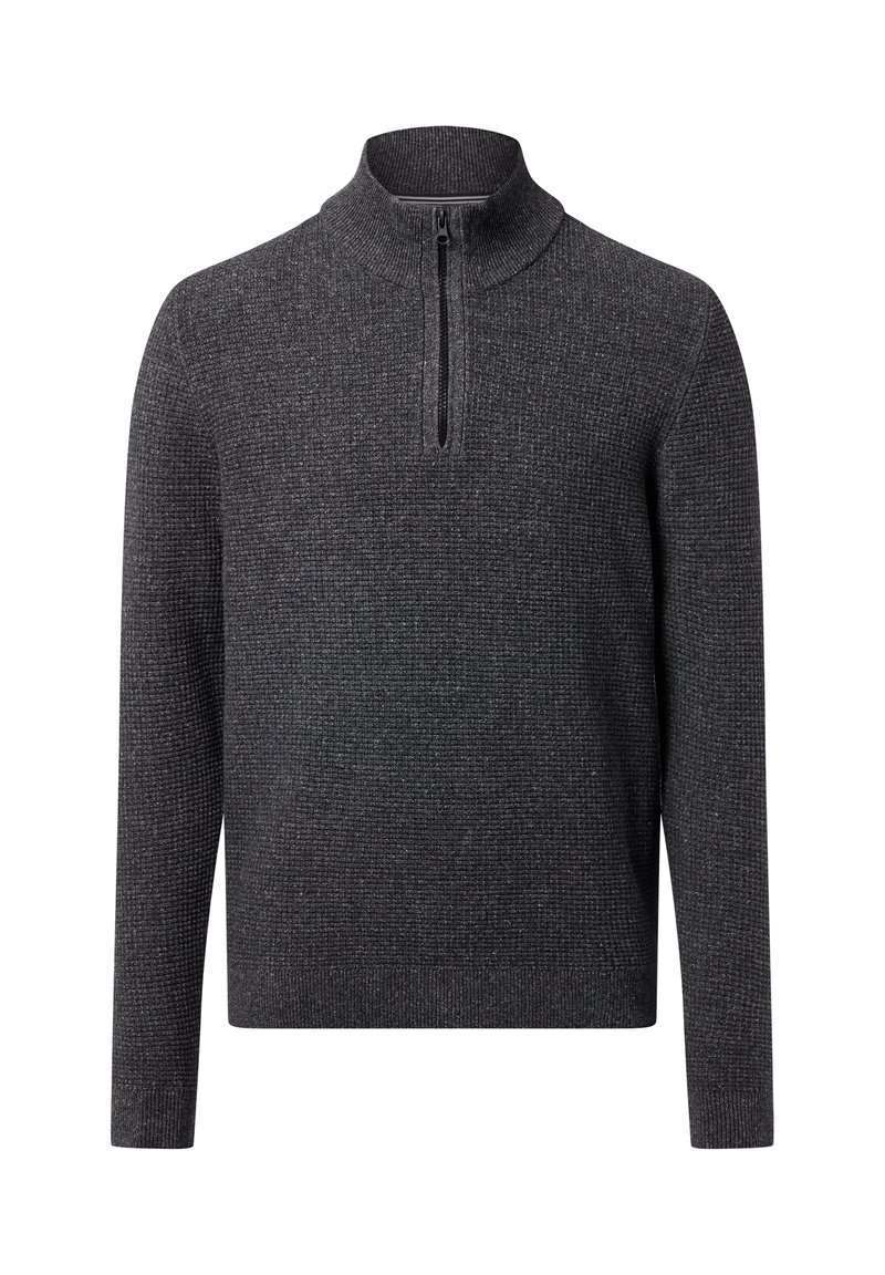 Donkergrijze pullover met een hoge nek en een kwartrits, een gestructureerd breipatroon en lange mouwen met ribgebreide manchetten.