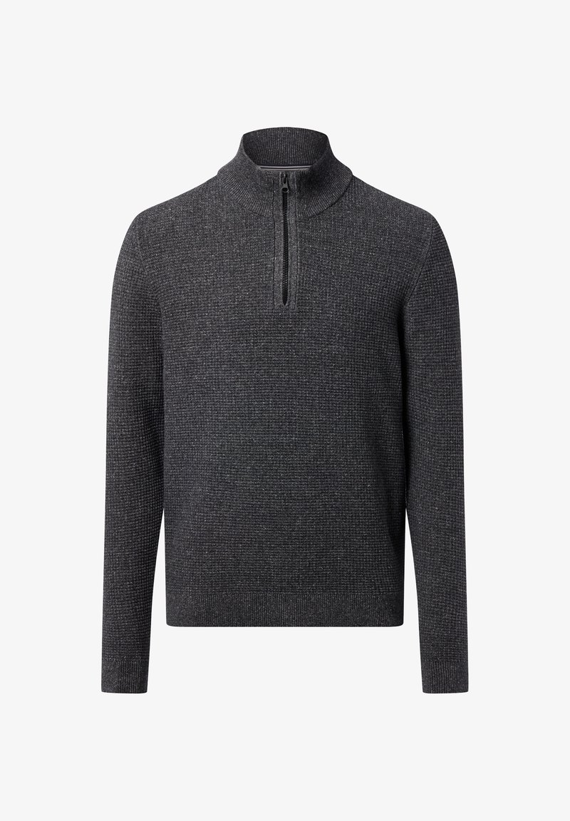 Dark gray pullover sweater featuring a high neck with a quarter zipper, textured knit pattern, and long sleeves with ribbed cuffs.