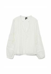 Blusa bianca a maniche lunghe con scollatura a V, tessuto testurizzato, dettagli in pizzo sulle maniche e una vestibilità leggermente rilassata.