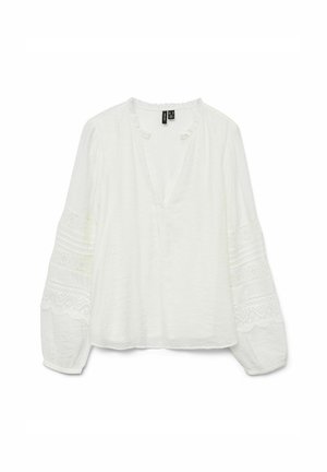 Witte blouse met lange mouwen en V-hals, van een textuurstof, met kantdetails op de mouwen en een licht relaxte pasvorm.