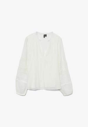 Witte blouse met lange mouwen en V-hals, van een textuurstof, met kantdetails op de mouwen en een licht relaxte pasvorm.