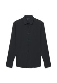 Langärmeliges schwarzes Hemd mit klassischem Kragen, durchgehender Knopfleiste und strukturiertem Stoff. Mit schwarzen Knöpfen entlang der Knopfleiste.