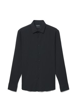 Langärmeliges schwarzes Hemd mit klassischem Kragen, durchgehender Knopfleiste und strukturiertem Stoff. Mit schwarzen Knöpfen entlang der Knopfleiste.