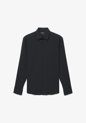 Langärmeliges schwarzes Hemd mit klassischem Kragen, durchgehender Knopfleiste und strukturiertem Stoff. Mit schwarzen Knöpfen entlang der Knopfleiste.