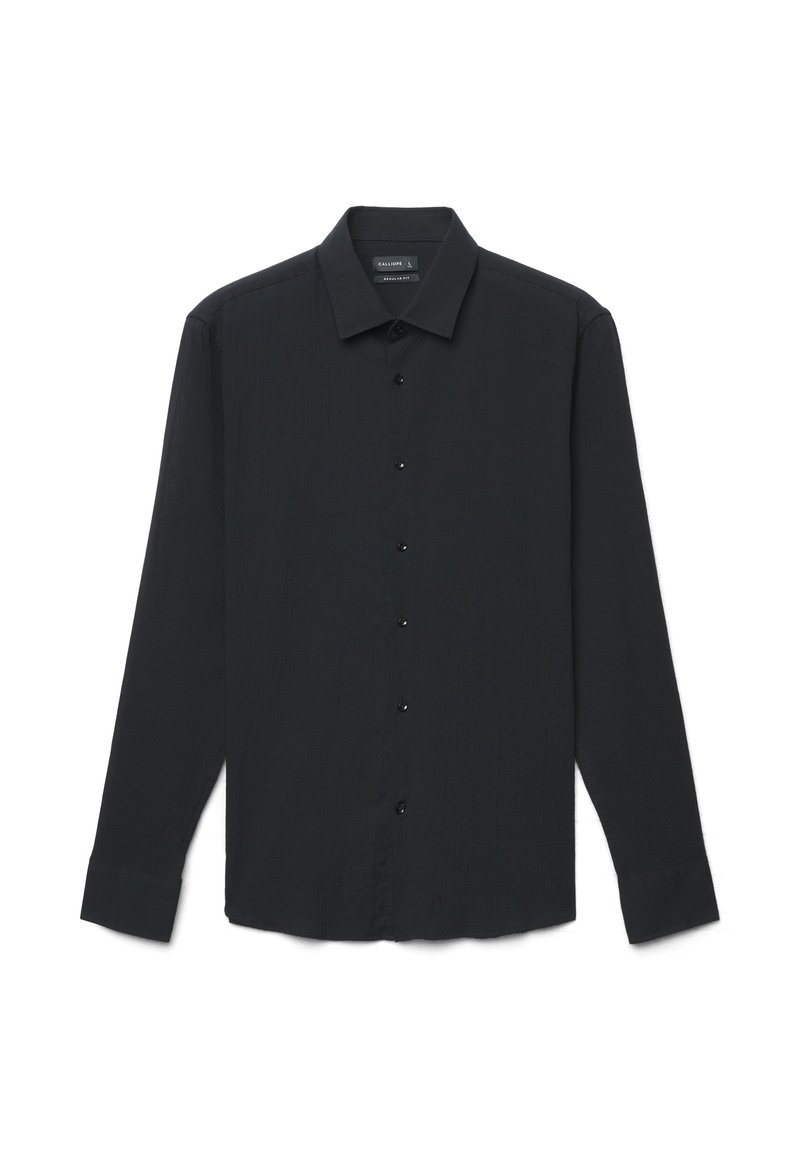 Langärmeliges schwarzes Hemd mit klassischem Kragen, durchgehender Knopfleiste und strukturiertem Stoff. Mit schwarzen Knöpfen entlang der Knopfleiste.