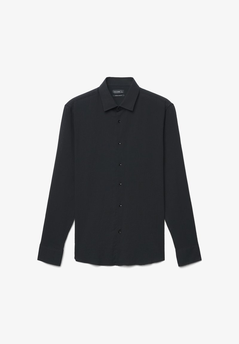 Langärmeliges schwarzes Hemd mit klassischem Kragen, durchgehender Knopfleiste und strukturiertem Stoff. Mit schwarzen Knöpfen entlang der Knopfleiste.