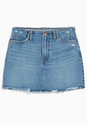 Denim mini skirt in light blue with a frayed hem, two front pockets, copper button closure, and subtle whiskering effects on the fabric.