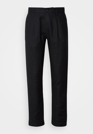 Black straight-leg trousers with belt loops, front button closure, and side pockets, displayed on a light background.