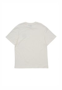 Cream-colored cotton T-shirt, short sleeves, round neckline, features a subtle logo print on the back, smooth texture, and casual fit.