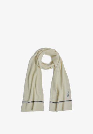 Wollen sjaal in off-white, met een geribbelde textuur, donkerblauwe accentstreep aan de uiteinden en een klein geborduurd logo aan één kant.