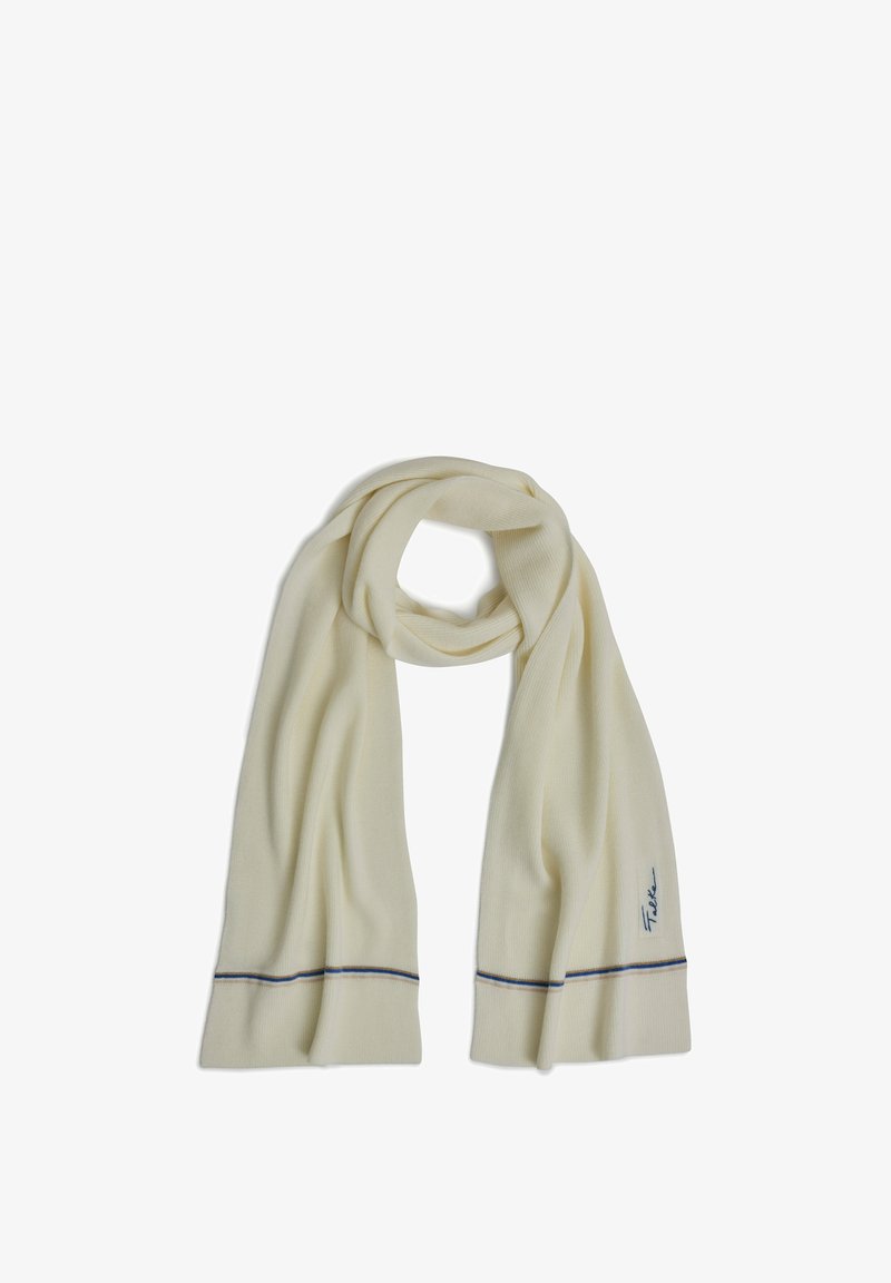 Sciarpa in lana color avorio, con una texture a coste, striscia d'accento blu scuro alle estremità e un piccolo logo ricamato su un lato.