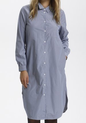 Blau-weiß gestreiftes Hemdkleid mit Kragen, Knopfleiste, langen Ärmeln und Seitentaschen. Weicher Stoff mit lockerem Sitz.