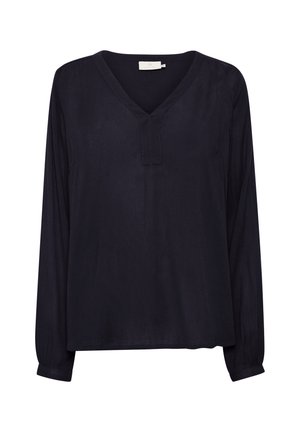 Dunkelblauser langärmeliger Bluse mit V-Ausschnitt, legerem Schnitt und subtiler Textur. Mit einem mittigen Schlitz und gerafften Manschetten. Leichtes Material.