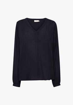 Granatowa bluzka z długimi rękawami, z dekoltem w serek, w luźnym kroju i subtelną fakturą. Posiada centralne rozcięcie i marszczone mankiety. Wykonana z lekkiego materiału.