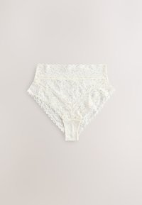 White high-waist lace women's underwear with floral pattern and scalloped edges on a light background.