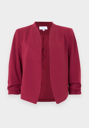 Blazer léger bordeaux en tissu lisse, doté d'un col mandarin, d'une ouverture frontale et de manches 3/4 avec poignets retroussables.