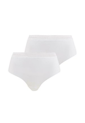 Ensemble de sous-vêtements en coton blanc, avec une taille en dentelle et un design sans coutures. Deux paires présentées, avec une texture lisse et une forme classique.