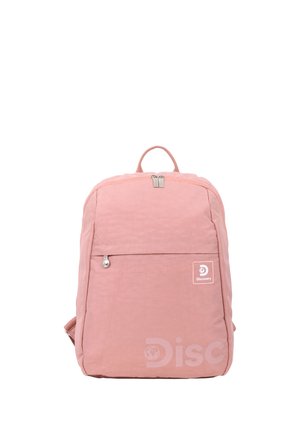 Pink Discovery backpack with front zip pocket, top handle, and adjustable shoulder straps on a white background.